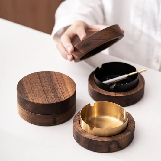 Walnut Wood Desktop Ashtray With Lid Stainless Stee