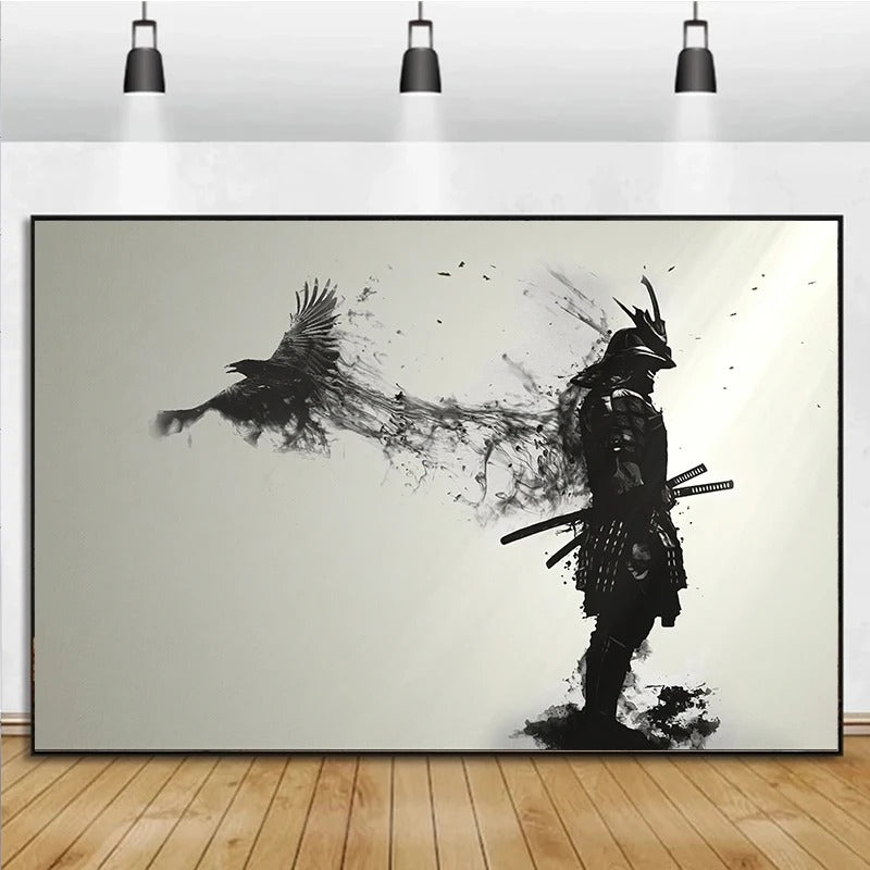 Japanese Samurai Man Warrior with A Flying Crow Art Poster Prints Canvas Painting Wall Art Picture