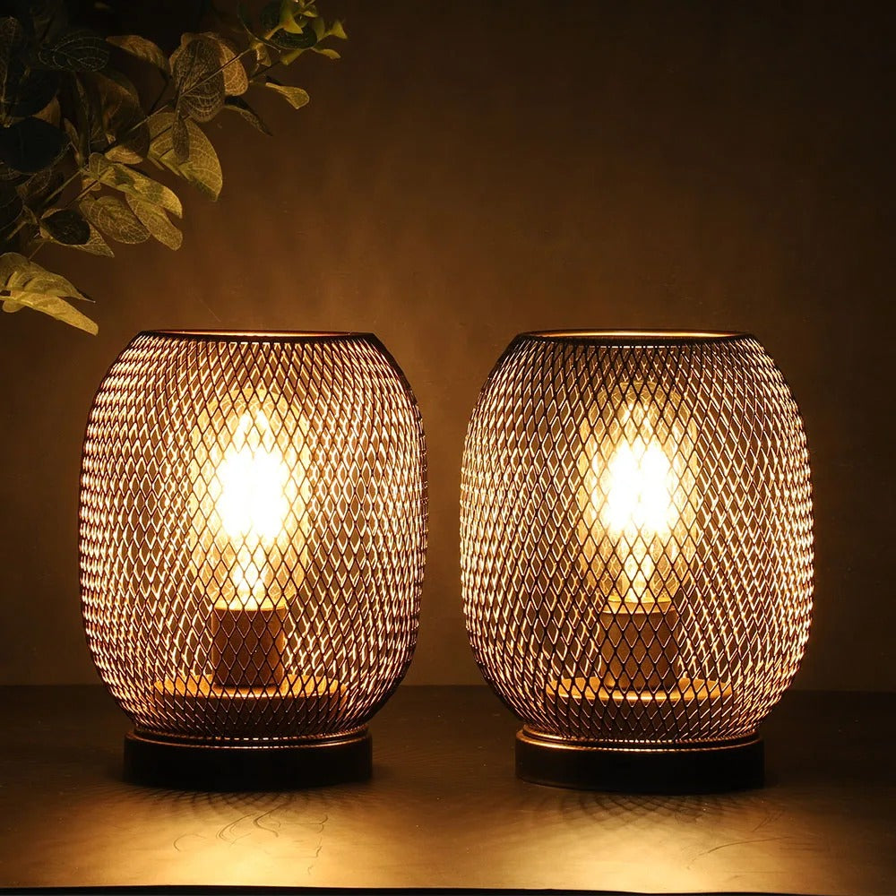 2Pcs Metal Cage Table Lamp Round Shaped LED Lantern