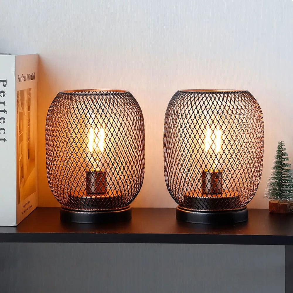 2Pcs Metal Cage Table Lamp Round Shaped LED Lantern