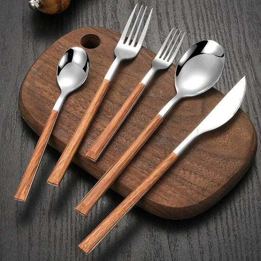 30pcs Stainless Steel Imitation Wooden Handle Cutlery Set