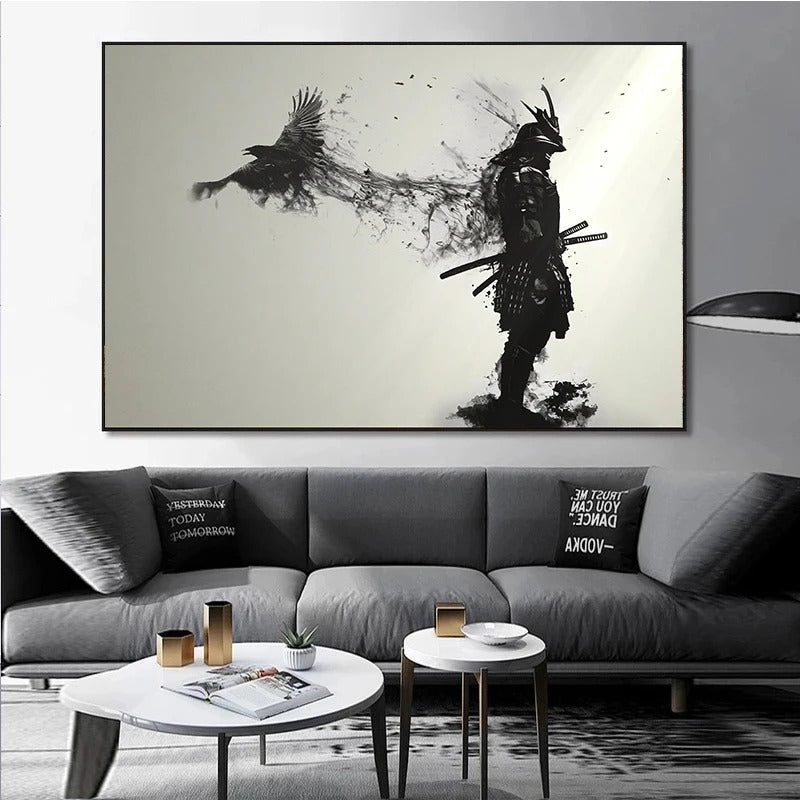 Japanese Samurai Man Warrior with A Flying Crow Art Poster Prints Canvas Painting Wall Art Picture