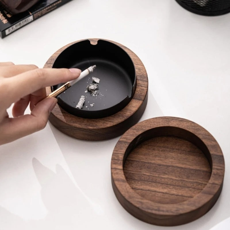 Walnut Wood Desktop Ashtray With Lid Stainless Stee