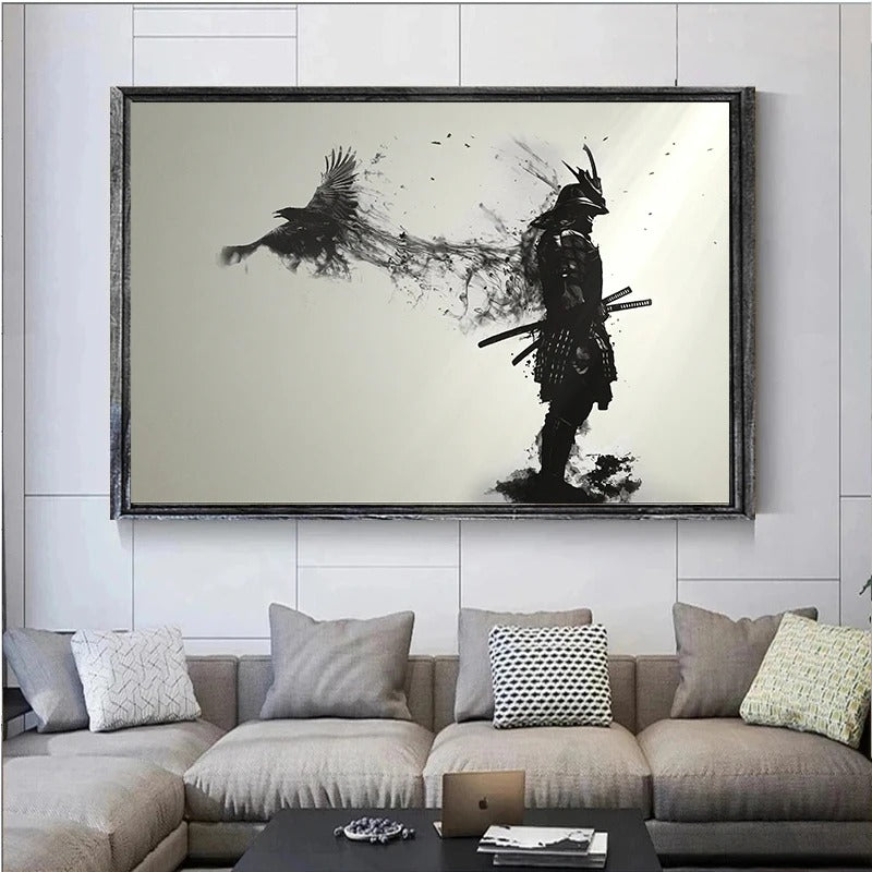 Japanese Samurai Man Warrior with A Flying Crow Art Poster Prints Canvas Painting Wall Art Picture