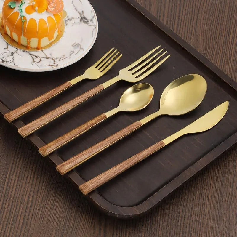 30pcs Stainless Steel Imitation Wooden Handle Cutlery Set