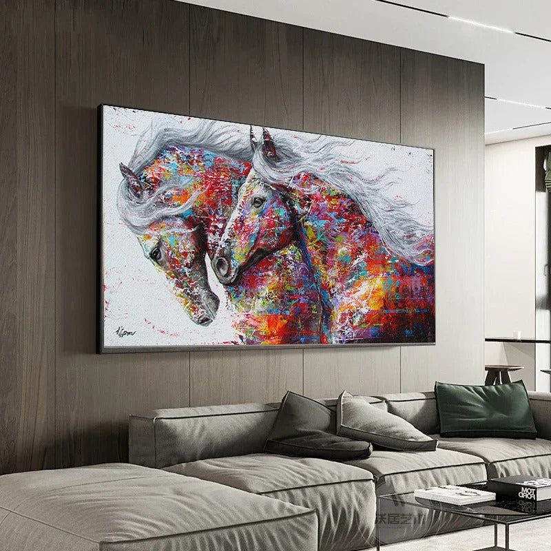 Modern Abstract Wall Art Two Running Horses Doodle Pop Banksy HD Canvas Poster