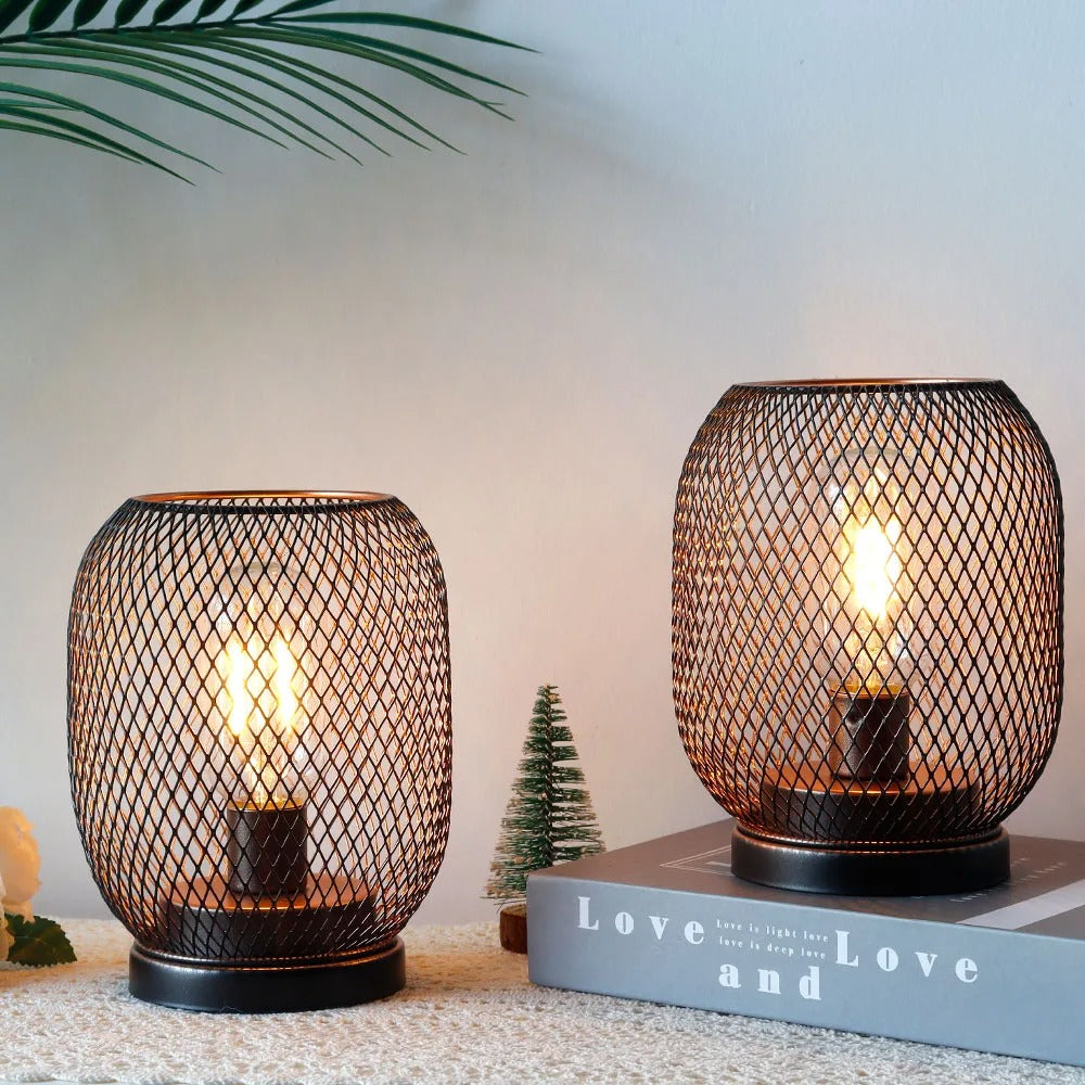 2Pcs Metal Cage Table Lamp Round Shaped LED Lantern