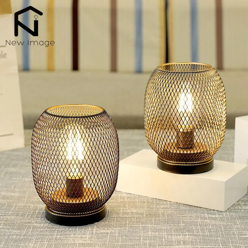 2Pcs Metal Cage Table Lamp Round Shaped LED Lantern