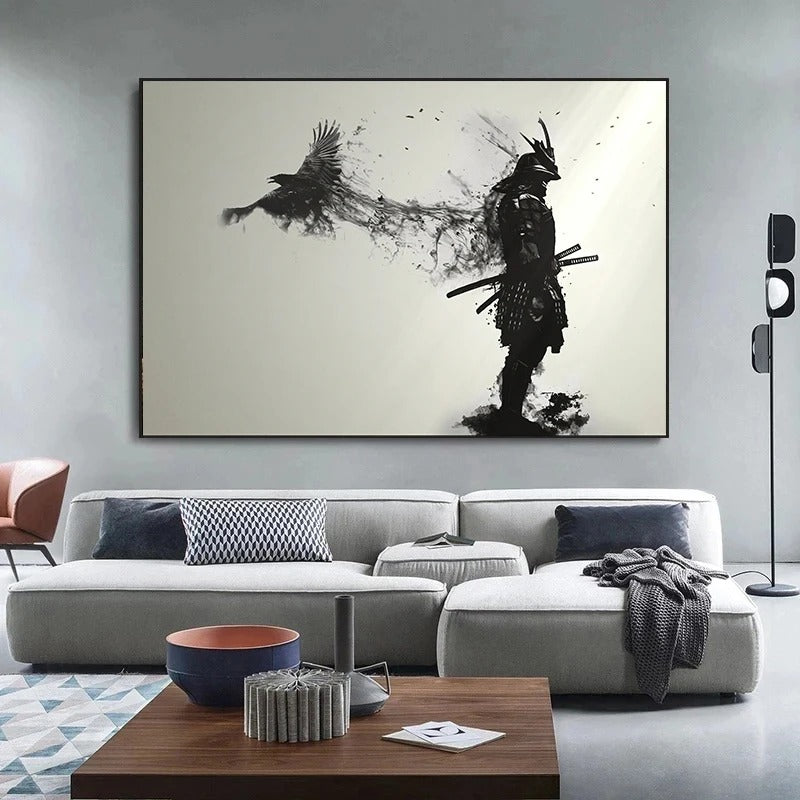 Japanese Samurai Man Warrior with A Flying Crow Art Poster Prints Canvas Painting Wall Art Picture