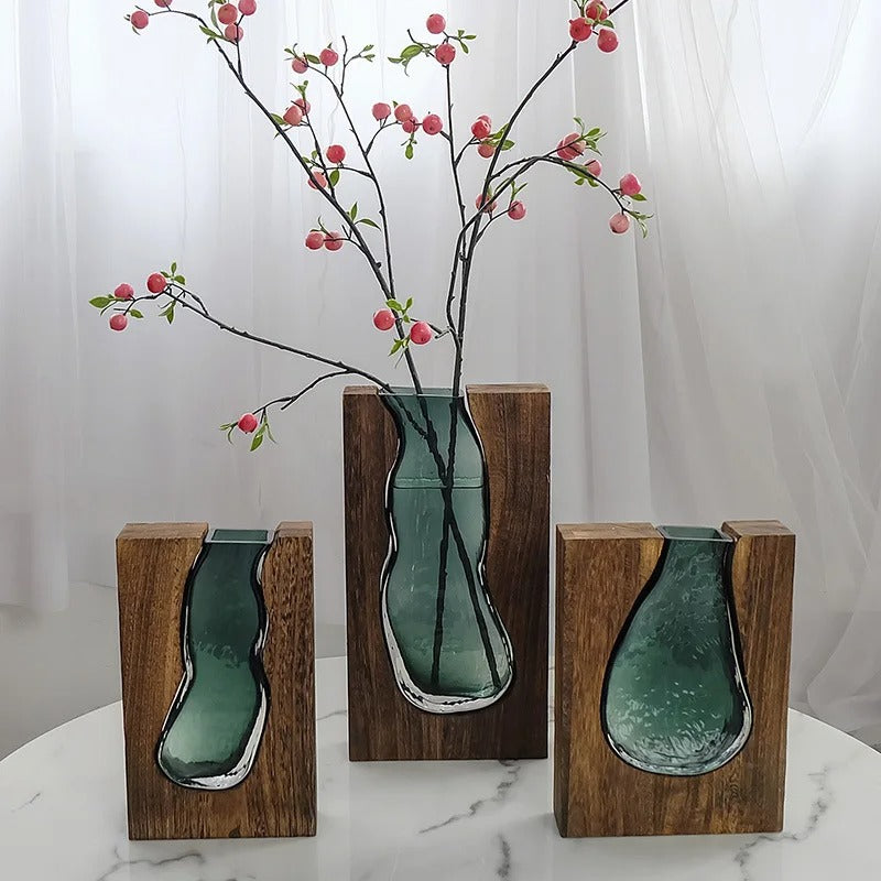 Luxury Nordic Wooden Flower Glass Vase