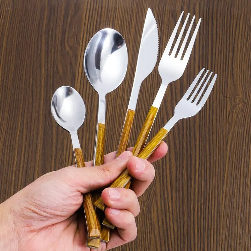 30pcs Stainless Steel Imitation Wooden Handle Cutlery Set