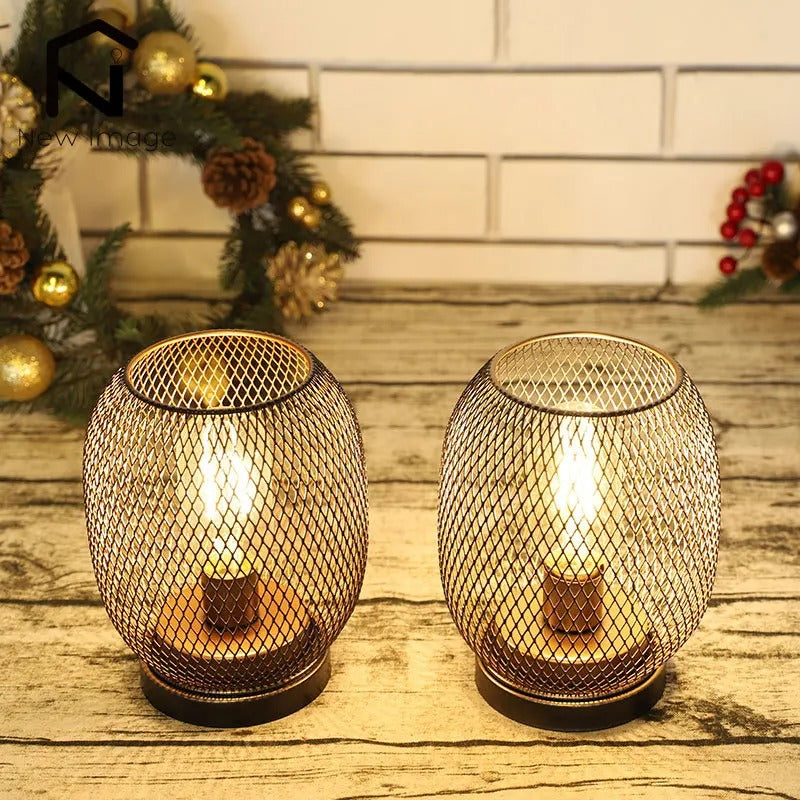 2Pcs Metal Cage Table Lamp Round Shaped LED Lantern