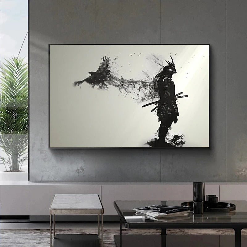 Japanese Samurai Man Warrior with A Flying Crow Art Poster Prints Canvas Painting Wall Art Picture