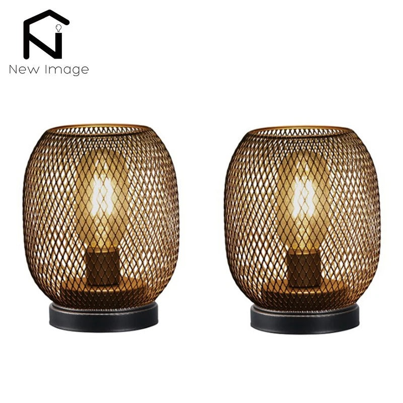 2Pcs Metal Cage Table Lamp Round Shaped LED Lantern