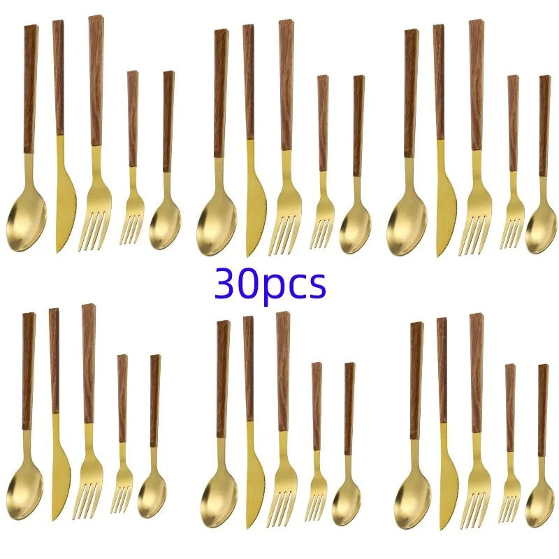 30pcs Stainless Steel Imitation Wooden Handle Cutlery Set