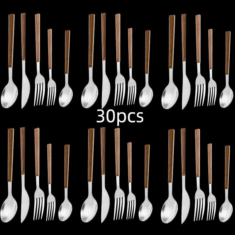 30pcs Stainless Steel Imitation Wooden Handle Cutlery Set