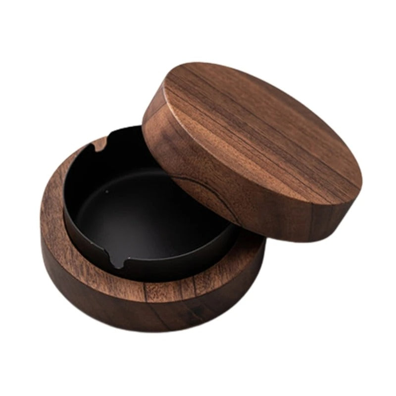 Walnut Wood Desktop Ashtray With Lid Stainless Stee