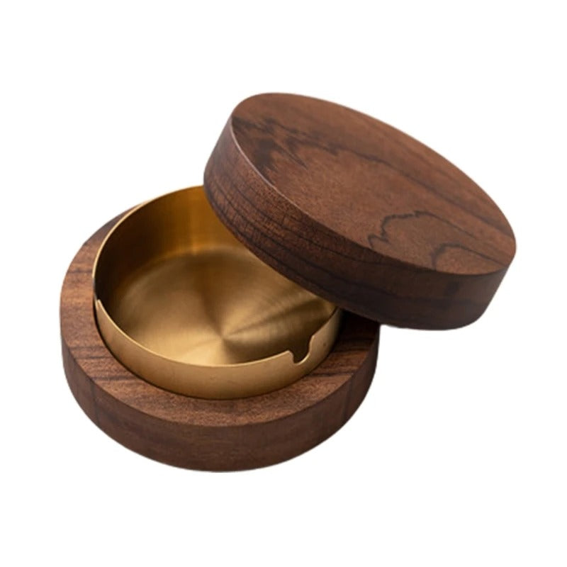 Walnut Wood Desktop Ashtray With Lid Stainless Stee