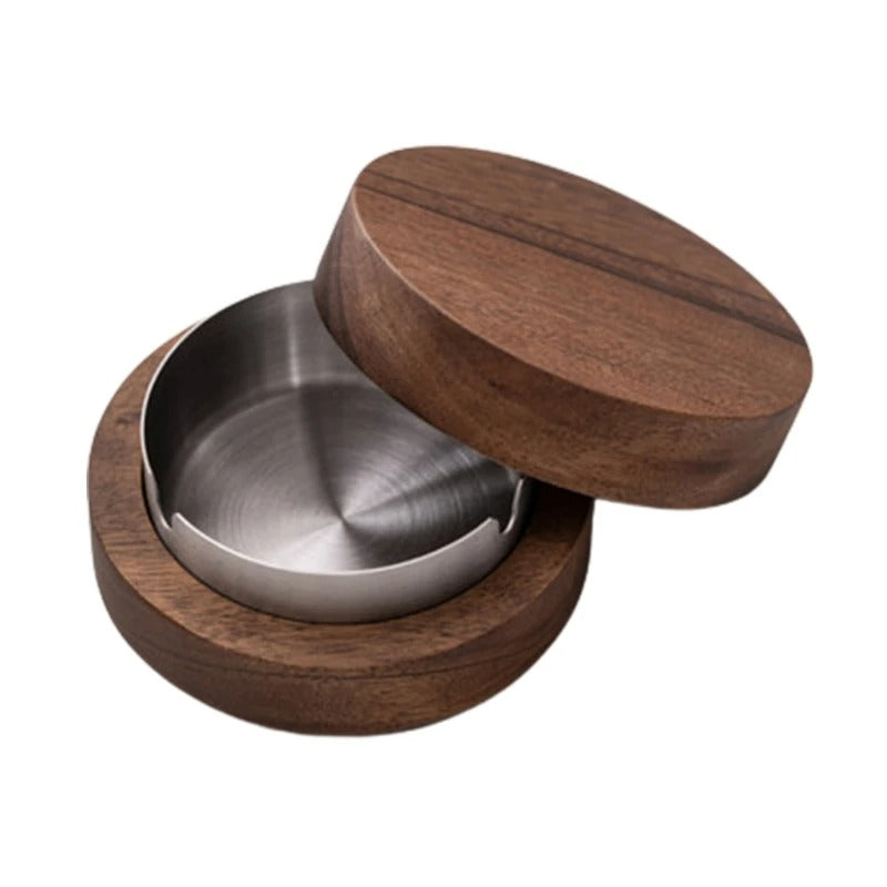 Walnut Wood Desktop Ashtray With Lid Stainless Stee