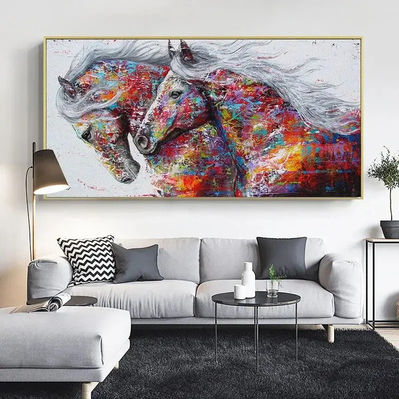 Modern Abstract Wall Art Two Running Horses Doodle Pop Banksy HD Canvas Poster